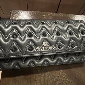 Valentino leather black stud wallet with silver chain strap